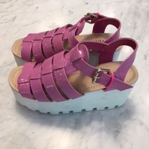 Funky Pink Patent Leather Wedge Sandals, 6.5